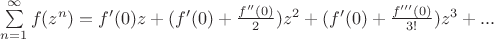 $\sum\limits_{n=1}^{\infty}f(z^n)=f'(0)z+(f'(0)+\frac{f''(0)}{2})z^2+(f'(0)+\frac{f'''(0)}{3!})z^3+...$