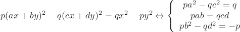 $$p(ax+by)^2-q(cx+dy)^2=qx^2-py^2 \Leftrightarrow \left\{ \begin{array}{ccc} pa^2-qc^2=q \\ pab=qcd \\ pb^2-qd^2=-p \end{array}$$