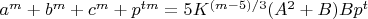 $a^{m}+ b^{m}+ c^{m}+ p^{tm}=5K^{(m-5)/3}( A^2+ B)Bp^{t}$