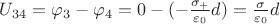 $U_{34} = \varphi_3 - \varphi_4 = 0 - (-\frac{\sigma_+}{\varepsilon_0}d) = \frac{\sigma}{\varepsilon_0}d$