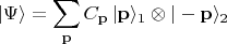 $$|\Psi\rangle=\sum_{\mathbf{p}}C_{\mathbf{p}}\,|\mathbf{p}\rangle_1\otimes|-\mathbf{p}\rangle_2$$