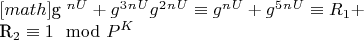 $[math]$g ^n^ U + g^3^n^U g^2^n^U\equiv g ^ n^ U + g^5^n^U\equiv R_1 + 

R_2\equiv1\mod P^K$