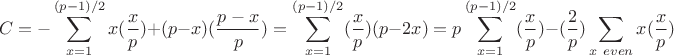$$ C=-\sum\limits_{x=1}^{(p-1)/2} x(\frac xp)+(p-x)(\frac{p-x}{p})=\sum\limits_{x=1}^{(p-1)/2} (\frac xp)(p-2x)=p\sum_{x=1}^{(p-1)/2} (\frac xp) -(\frac 2p)\sum_{x \ even } x(\frac xp) $$
