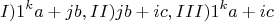 $$ I)  1^ {k}a + jb, II) jb + ic, III) 1^ {k}a + ic$$