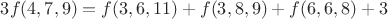 $3f(4,7,9)=f(3,6,11)+f(3,8,9)+f(6,6,8)+3$