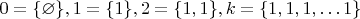 $0= \{ \varnothing \}, 1= \{ 1 \}, 2= \{ 1, 1 \}, k = \{ 1, 1, 1, &hellip; 1 \}$