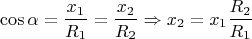 $$ \cos \alpha = \frac{x_1}{R_1} = \frac{x_2}{R_2} \Rightarrow x_2 = x_1 \frac{R_2}{R_1} $$