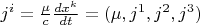 $j^i=\frac{\mu}{c}\frac{dx^k}{dt}=(\mu,j^1,j^2,j^3)$