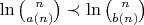 $\ln \binom{n}{a(n)} \prec \ln \binom{n}{b(n)}$