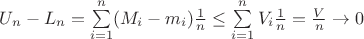 $U_n-L_n = \sum\limits_{i=1}^{n}(M_i-m_i)\frac{1}{n} \le \sum\limits_{i=1}^{n}V_i\frac{1}{n} = \frac{V}{n} \to 0$