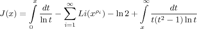 $$ J(x) = \int\limits_0^x\frac{dt}{\ln t} - \sum\limits_{i=1 }^{\infty}Li(x^{\rho_i})-\ln2 + \int\limits_{x}^{\infty}\frac{dt}{t(t^2-1)\ln t}$$