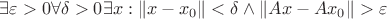$\exists \varepsilon > 0 \forall \delta >0 \exists x: \|x - x_0\| < \delta \wedge \|Ax - Ax_0\| > \varepsilon$