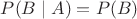 $P(B \mid A) = P(B)$