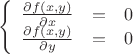 $$\left\{
\begin{array}{rcl}
 \frac{\partial f(x,y)}{\partial x}&=&0 \\
 \frac{\partial f(x,y)}{\partial y}&=& 0\\
\end{array}
\right.$$