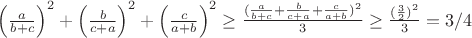 $\left(\frac{a}{b+c}\right)^2+\left(\frac{b}{c+a}\right)^2+\left(\frac{c}{a+b}\right)^2\ge \frac{(\frac{a}{b+c}+\frac{b}{c+a}+\frac{c}{a+b})^2}{3} \ge \frac{(\frac{3}{2})^2}{3}=3/4 $