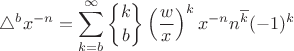 $\displaystyle \triangle^{b}x^{-n}=\sum\limits_{k=b}^{\infty}{k\brace b}\left(\frac{w}{x}\right)^{k}x^{-n} n^{\overline {k}}(-1)^k$