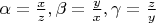 $\alpha=\frac{x}{z}, \beta=\frac{y}{x}, \gamma=\frac{z}{y}$