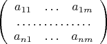 $$\left(\begin{array}{ccc}
a_{11}&\ldots&a_{1m}\\
\multicolumn{3}{c}{\dotfill}\\
a_{n1}&\ldots&a_{nm}\\
\end{array}\right)$$