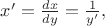 $x'=\frac {dx}{dy} = \frac {1}{y'},$
