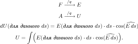 $$\begin{gathered} \begin{aligned} F & \xrightarrow{\,\,/q\,\,} E \\ A & \xrightarrow{\,\,/q\,\,} U \end{aligned} \\ dU(\textit{для данного \(ds\)})=E(\textit{для данного \(ds\)})\cdot ds\cdot\cos(\widehat{E\,ds}) \\ U=\int\Bigl(E(\textit{для данного \(ds\)})\cdot ds\cdot\cos(\widehat{E\,ds})\Bigr). \end{gathered}$$