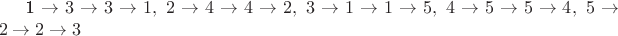 1 \rightarrow 3 \rightarrow 3 \rightarrow 1 ,\ 2 \rightarrow 4 \rightarrow 4 \rightarrow 2 ,\ 3 \rightarrow 1 \rightarrow 1 \rightarrow 5 ,\ 4 \rightarrow 5 \rightarrow 5 \rightarrow 4 ,\ 5\rightarrow 2 \rightarrow 2 \rightarrow 3