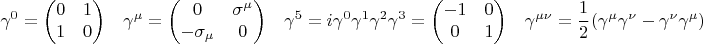 $\begin{matrix} \gamma^0=\begin{pmatrix}0&1\\1&0\end{pmatrix} & \gamma^\mu=\begin{pmatrix} 0&\sigma^\mu \\ -\sigma_\mu &0\end{pmatrix} & \gamma^5=i\gamma^0\gamma^1\gamma^2\gamma^3=\begin{pmatrix}-1&0\\0&1\end{pmatrix} & \gamma^{\mu\nu}=\cfrac12 \left(\gamma^\mu \gamma^\nu-\gamma^\nu\gamma^\mu\right) \end{matrix}$