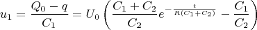$$u_1=\frac{Q_0-q}{C_1}=U_0\left (\frac{C_1+C_2}{C_2}e^{-\frac{t}{R(C_1+C_2)}}-\frac{C_1}{C_2}  \right )$$