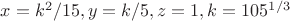 $x=k^2/15, y=k/5, z=1, k=105^{1/3}$