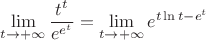 $\lim\limits_{t \to +\infty}\dfrac{t^t}{e^{e^t}} = \lim\limits_{t \to +\infty} e^{t \ln t - e^t}$