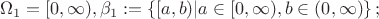 $$\Omega_1 =[  0, \infty ) ,  \beta_1 := \left\{  \left[ a,b)| a\in \left[ 0, \infty) ,b \in(0, \infty)   \right\}  ; $$