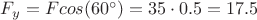$F_{y}=Fcos(60^{\circ})=35\cdot 0.5=17.5$