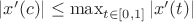 $|x'(c)|\le\max_{t\in[0,1]}|x'(t)|$