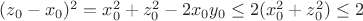 $(z_0-x_0)^2=x_0^2+z_0^2-2x_0y_0\leq 2(x_0^2+z_0^2) \leq 2$