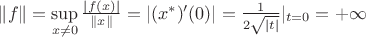 $\|f\|=\sup\limits_{x\neq 0}\frac{|f(x)|}{\|x\|}=|(x^*)'(0)|=\frac{1}{2\sqrt {|t|}}|_{t=0}=+\infty$