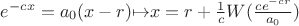 $e^{-cx}=a_0(x-r) {\mapsto}x=r+\frac1cW(\frac{ce^{-cr}}{a_0})$