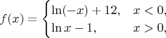 $f(x) = \begin{cases} \ln(-x) + 12, & x < 0, \\ \ln x - 1, & x > 0, \end{cases}$