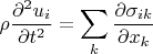 $$
\rho \frac{{\partial ^2 u_i }}
{{\partial t^2 }} = \sum\limits_k {\frac{{\partial \sigma _{ik} }}
{{\partial x_k }}} 
$$
