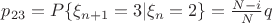 $p_{23}=P\{\xi_{n+1}=3|\xi_{n}=2\}=\frac{N-i}{N}q$
