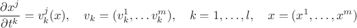 $$\frac{\partial x^j}{\partial t^k}=v^j_k(x),\quad v_k=(v_k^1,\ldots v_k^m),\quad k=1,\ldots, l,\quad x=(x^1,\ldots,x^m)$$