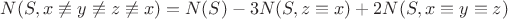 $N(S,x\not\equiv y\not\equiv z\not\equiv x) = N(S) - 3N(S, z\equiv x)+2N(S, x\equiv y\equiv z)$
