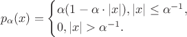 $$p_\alpha(x)=
\begin{cases}
\alpha(1-\alpha\cdot|x|), |x|\le\alpha^{-1},\\
0, |x|>\alpha^{-1}.\\
\end{cases}
 $$