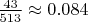 $\frac{43}{513}\approx0.084$