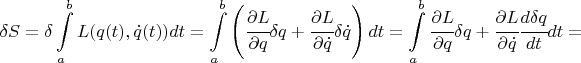 $$ \delta S = \delta \int\limits_a^b L( q(t), \dot q(t)) dt = \int\limits_a^b \left( \cfrac{\partial L}{ \partial q} \delta q + \cfrac{\partial L}{\partial \dot q} \delta \dot q  \right) dt = \int\limits_a^b  \cfrac{\partial L}{ \partial q} \delta q + \cfrac{\partial L}{\partial \dot q} \cfrac{d \delta q}{dt}  \right) dt =$$