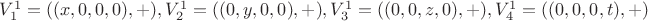 $V_1^1=((x, 0, 0, 0), +), V_2^1=((0, y, 0, 0), +), V_3^1=((0, 0, z, 0), +), V_4^1=((0, 0, 0, t),  +)$
