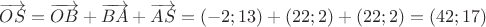 $\overrightarrow{OS}=\overrightarrow{OB}+\overrightarrow{BA}+\overrightarrow{AS}=(-2;13)+(22;2)+(22;2)=(42;17)$