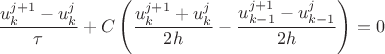 \dfrac{u^{j+1}_k - u^j_k}{\tau} + C\left(\frac{u^{j+1}_{k} + u^j_{k}}{2h} - \frac{u^{j+1}_{k-1} - u^j_{k-1}}{2h \right) = 0}