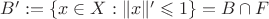 $B':=\{x\in X:\|x\|'\leqslant1\}=B\cap F$