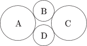 $$\begin{picture}(88,50)(44,25)
\put(-29,0){\circle{40}}\put(-32,-4){A}
\put(29,0){\circle{40}}\put(24,-4){C}
\put(0,14){\circle{22}}\put(-3,10){B}
\put(0,-14){\circle{22}}\put(-3,-18){D}
\end{picture}
$$