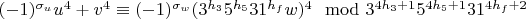 $(-1)^{\sigma_u}u^4+v^4\equiv(-1)^{\sigma_w}(3^{h_3}5^{h_5}31^{h_f}w)^4\mod 3^{4h_3+1}5^{4h_5+1}31^{4h_f+2}$