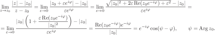 $$\begin{align*}
&\lim \limits_{z \to z_0} \dfrac{|z| - |z_0|}{z - z_0} = \lim \limits_{\varepsilon \to 0} \dfrac{|z_0 + \varepsilon e^{i \varphi}| - |z_0|}{\varepsilon e^{i \varphi}} = \lim \limits_{\varepsilon \to 0} \dfrac{\sqrt{|z_0|^2 + 2 \varepsilon \operatorname{Re} (z_0 e^{-i\varphi}) + \varepsilon^2} - |z_0|}{\varepsilon e^{i \varphi}} = \\ &=\lim \limits_{\varepsilon \to 0} \dfrac{|z_0| \left(1 + \dfrac{\varepsilon \operatorname{Re} (z_0 e^{-i\varphi})} {|z_0|^2}\right) - |z_0|}{\varepsilon e^{i \varphi}} = \dfrac{\operatorname{Re}(z_0 e^{-i \varphi}) e^{- i\varphi}}{|z_0|} = e^{-i \varphi} \cos (\psi - \varphi), \qquad \psi = \operatorname{Arg} z_0.
\end{align*}$$